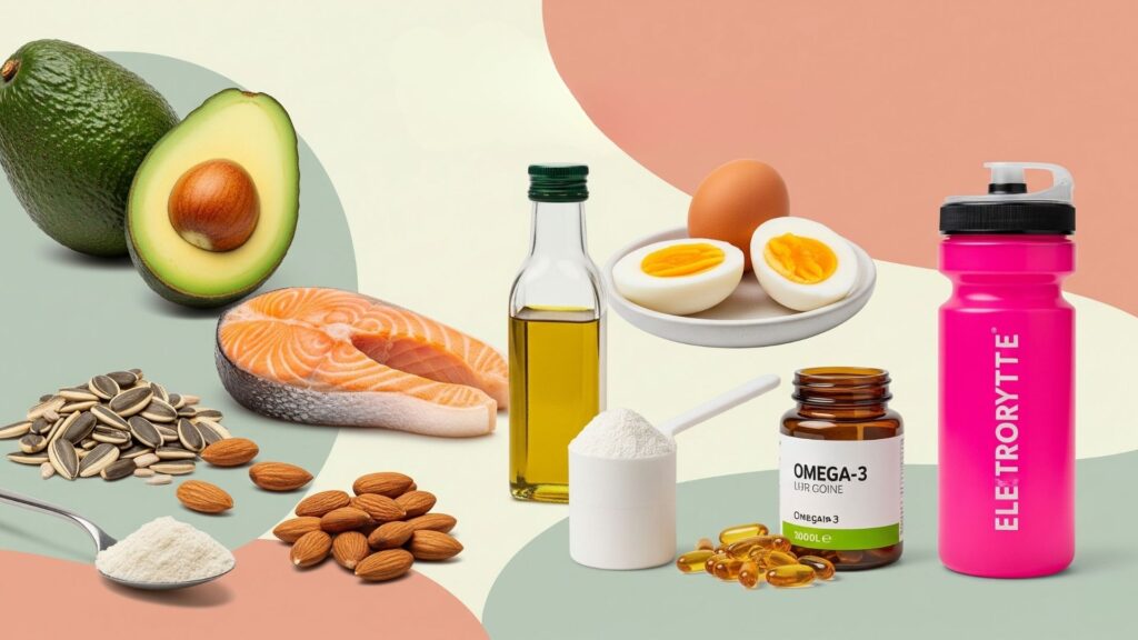 Collage de 9 alimentos keto aptos para ejercicio: aguacate, salmón, huevo cocido, nueces, semillas, aceite de oliva, proteína en polvo, cápsulas omega-3, botella con electrolitos. Fondo blanco o beige claro, estilo gráfico moderno y saludable.