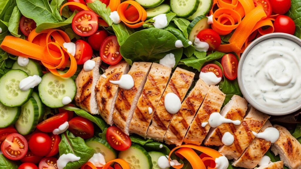 Ensalada de pollo a la parrilla con hojas verdes, tomates cherry, pepinos y zanahorias. Aderezo a base de yogur al lado. Colores vibrantes, vista cenital, sin texto.