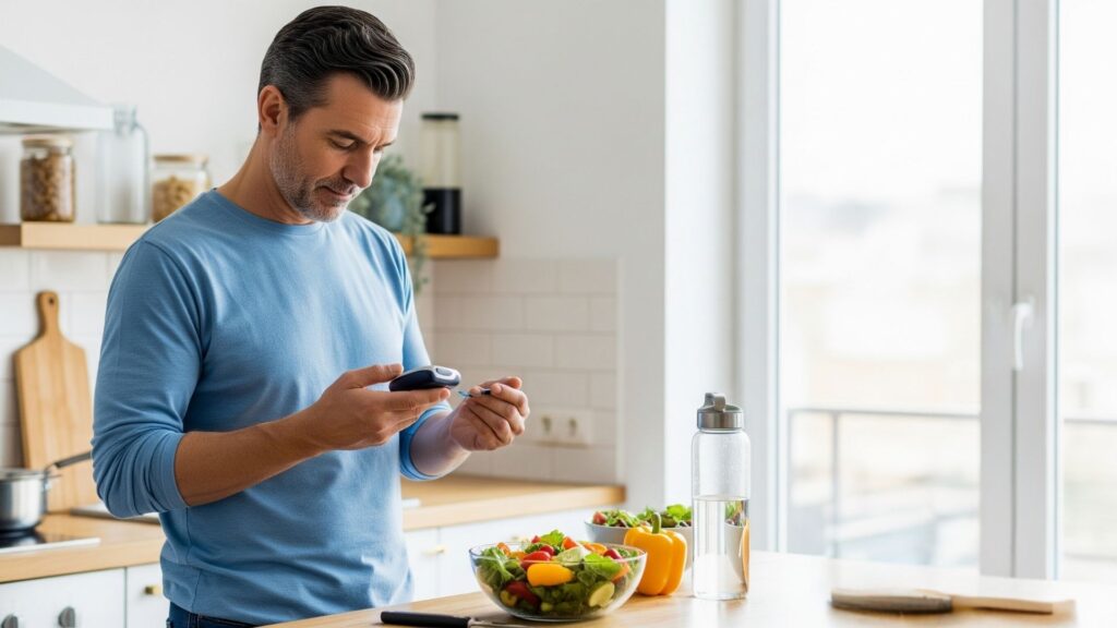 Persona con diabetes revisando su glucosa con glucometro, al lado de una ensalada colorida, botella de agua. Fondo de cocina moderna, luz natural, sensación de bienestar