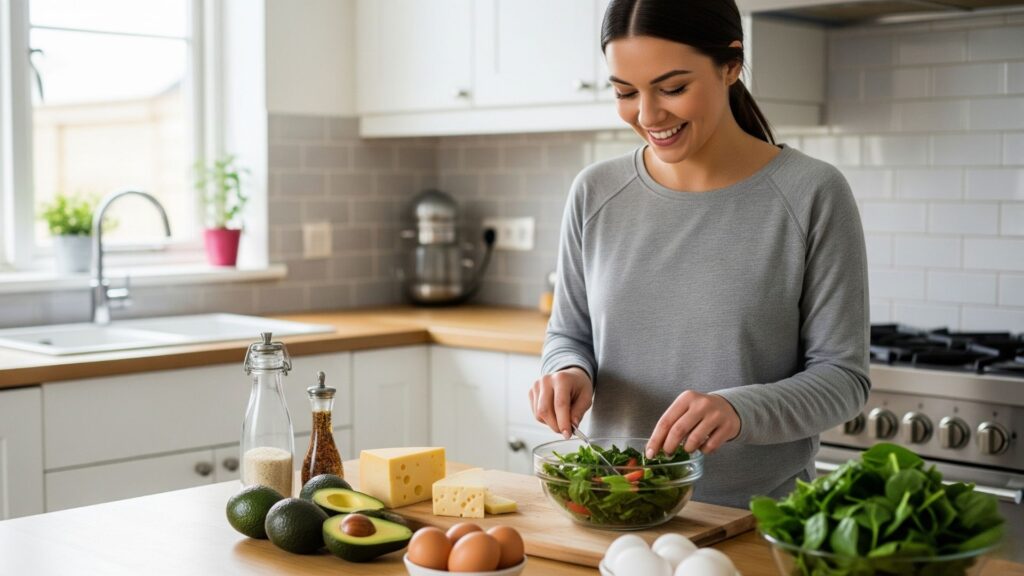 Imagen tipo mockup de cocina saludable, con una mujer sonriendo mientras cocina una ensalada keto rápida. Ingredientes frescos en la encimera: aguacates, queso, huevos, espinaca. Estilo realista con luz natural, sensación de practicidad y bienestar.