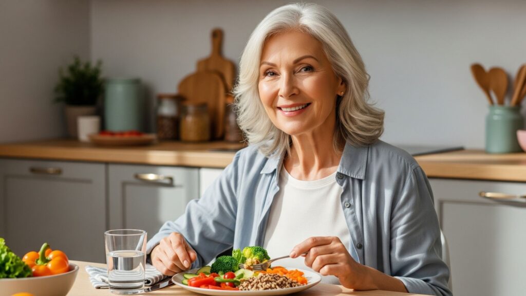 Mujer mayor feliz con el rostro radiante, disfrutando un colorido plato de verduras y granos integrales, sentada a la mesa con un vaso de agua. Iluminación suave, fondo de cocina, atmósfera de bienestar y vitalidad.