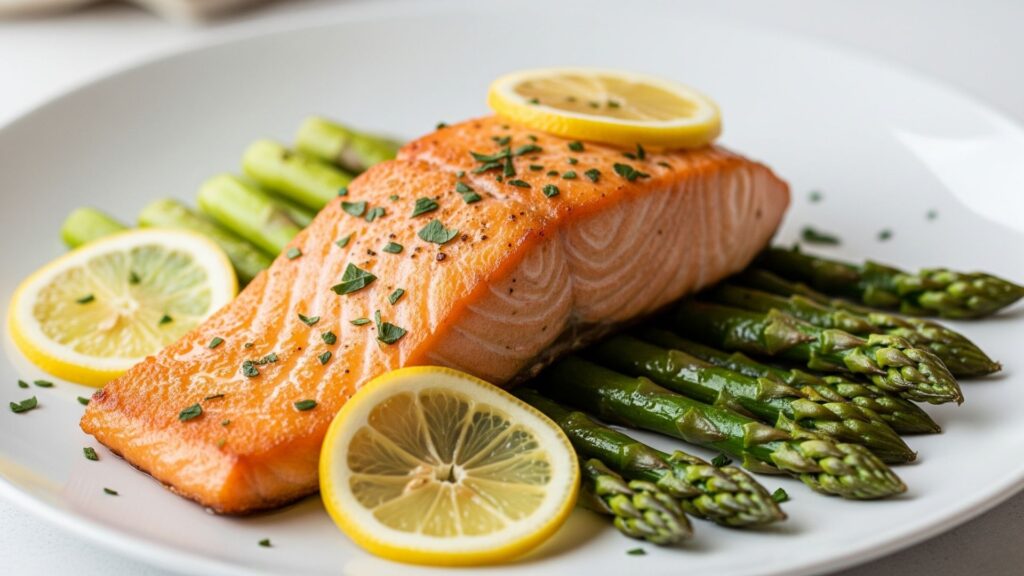 Filete de salmón al horno con espárragos asados en un plato blanco limpio. Decorado con rodajas de limón y hierbas. Ambiente de cena ligera, sin texto.