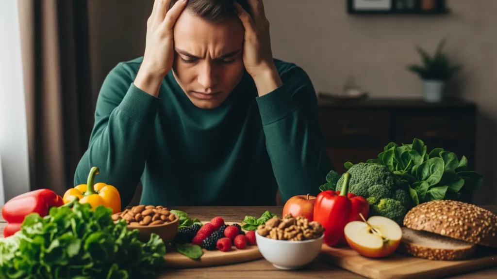 Persona estresada frente a alimentos saludables como frutas bajas en azúcar, verduras y nueces, mostrando cómo el estrés afecta la glucosa y la salud metabólica.
