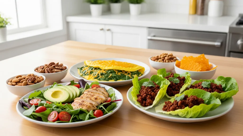 Fotografía realista de comidas keto fáciles para principiantes, incluyendo ensalada de aguacate con pollo, omelet de espinacas y queso, y wraps de lechuga con carne, con snacks keto saludables, ideal para mantener la dieta cetogénica.