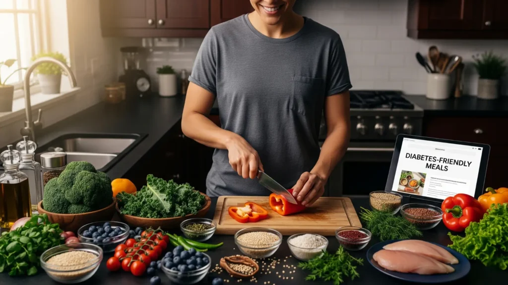 Persona preparando comidas saludables y superando obstáculos en el manejo de la diabetes, rodeada de verduras, frutas y granos integrales.