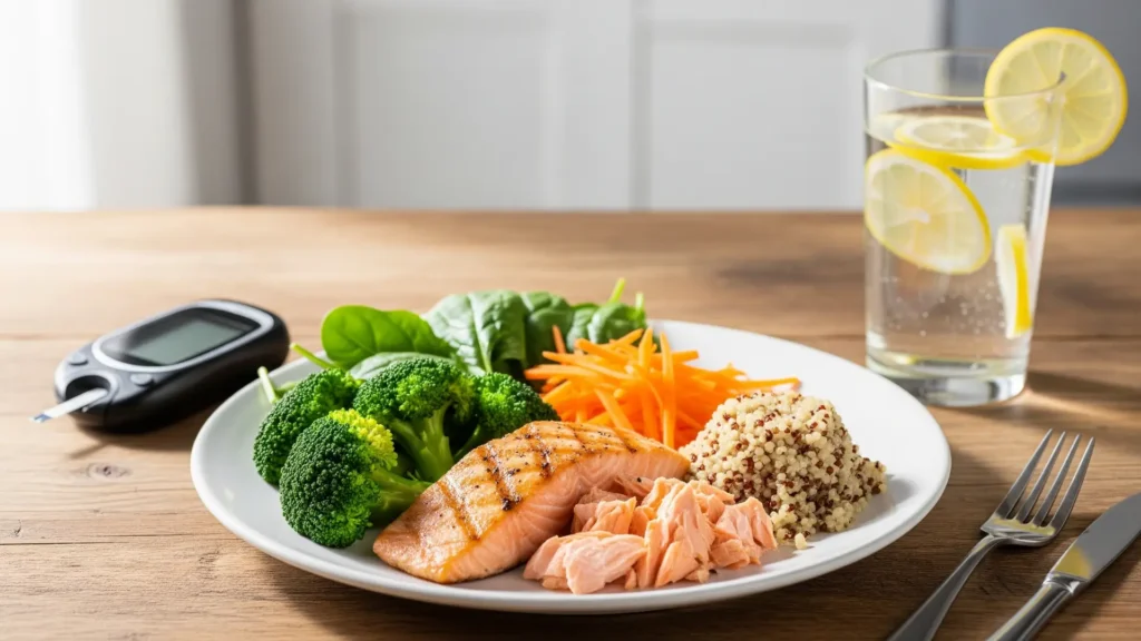 Plato de dieta saludable para diabéticos con salmón, vegetales frescos y granos integrales junto a un medidor de glucosa, mostrando los beneficios de una alimentación equilibrada para controlar la diabetes.