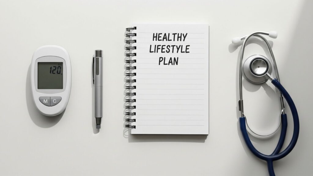 Control de diabetes: medidor de glucosa, insulina, plan de vida saludable y estetoscopio sobre escritorio