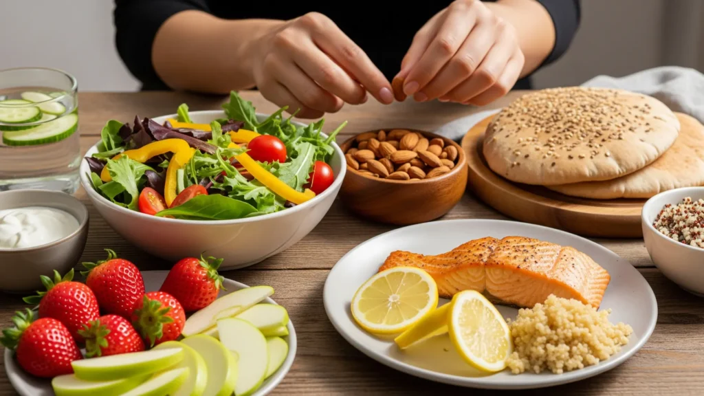 Alimentos saludables para diabéticos con frutas bajas en azúcar, verduras frescas, granos integrales y proteínas magras, representando pequeños cambios alimenticios para controlar el azúcar en sangre y mantener hábitos saludables.