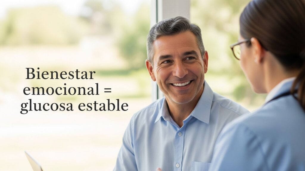 Imagen motivacional con una mujer o hombre mayor de 40 años sonriendo, recibiendo asesoría médica. Fondo de consultorio o naturaleza. Texto overlay sutil: “Bienestar emocional = glucosa estable”. Estilo fotográfico, iluminación natural, estética tranquila y confiable.