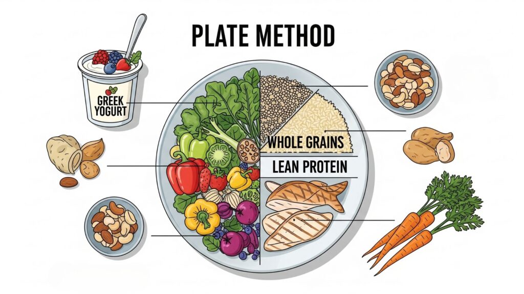 Imagen tipo infografía que muestra un plato dividido según el 'método del plato': la mitad con verduras, un cuarto con granos integrales y un cuarto con proteínas. Alrededor del plato, ideas de snacks saludables como yogur griego, nueces y zanahorias. Estilo limpio y moderno, diseño educativo.