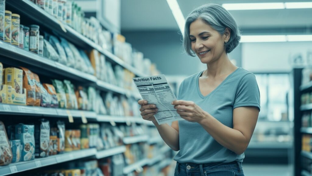Persona leyendo etiqueta nutricional en supermercado junto a plato saludable con porciones y vaso de agua. Concepto de dieta para la diabetes