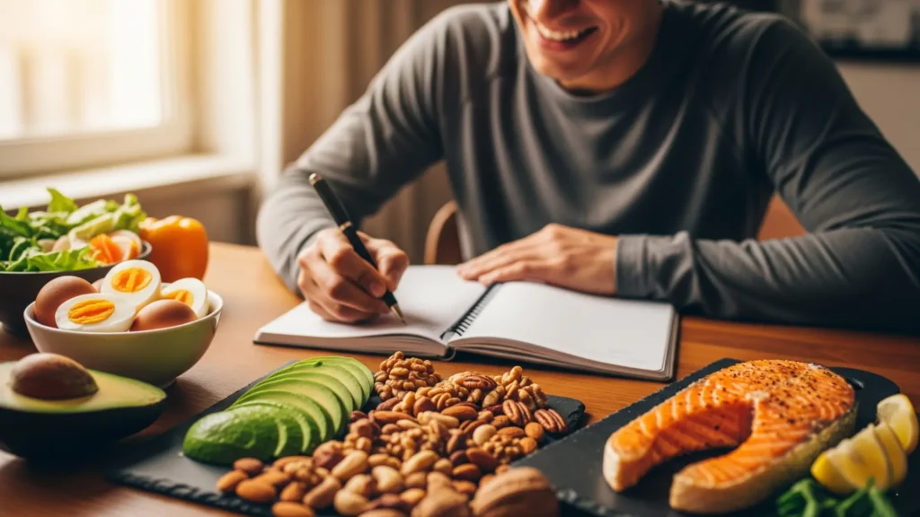 Persona planificando comidas mientras mantiene la motivación en la dieta keto, rodeada de alimentos keto saludables como aguacate, huevos, nueces y salmón, mostrando estrategias para éxito y constancia en la alimentación baja en carbohidratos.