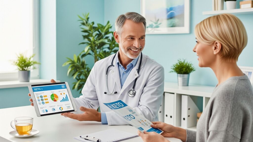 Doctor o nutricionista explicando la dieta a un paciente con tableta o folleto con el título ‘Keto’. Ambiente de consulta cálido, gesto amigable, fondo clínico suave.