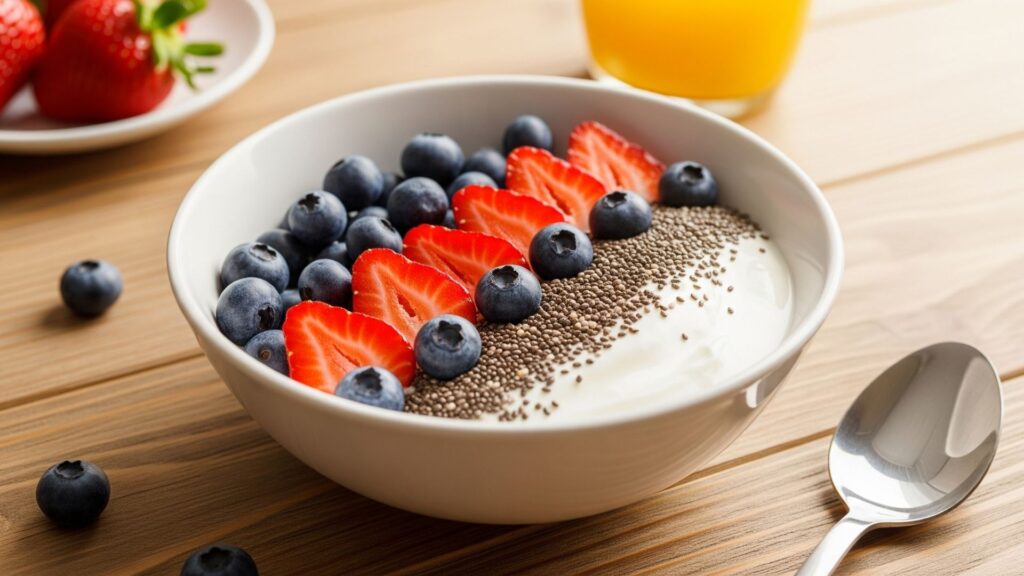 Un tazón de yogur bajo en grasa con semillas de chía, fresas frescas y arándanos sobre una mesa de desayuno de madera. Luz natural de la mañana, presentación limpia y saludable, sin texto.