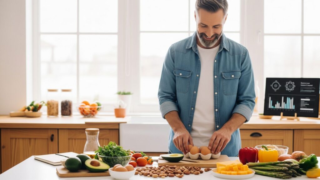 Persona preparando comida keto saludable con aguacate, huevos y verduras, promoviendo estilo de vida cetogénico y bienestar.