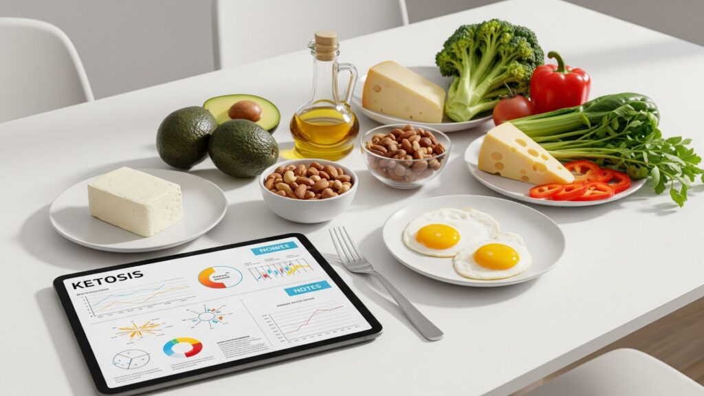 Alimentos keto saludables con gráficos de cetosis en tablet, grasas buenas y bajo en carbohidratos.