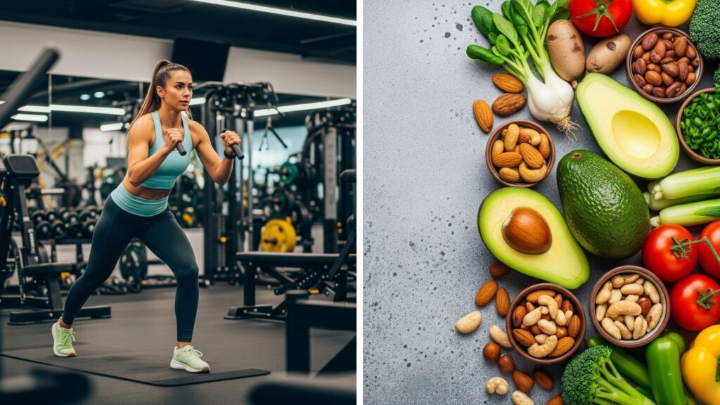 Persona entrenando HIIT con alimentos keto (aguacate, nueces), energía y salud visibles.