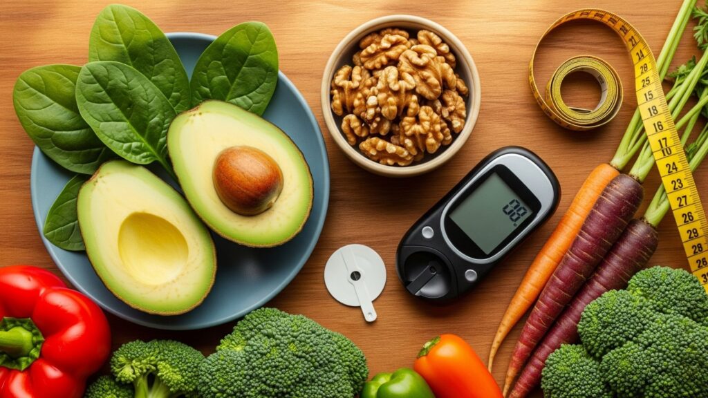 Vista cenital de alimentos saludables aptos para personas con diabetes sobre una mesa de madera: mitades de aguacate, hojas de espinaca, nueces en un pequeño cuenco, vegetales coloridos, con un medidor de glucosa y una cinta métrica cerca. Iluminación natural, colores vibrantes, vista desde arriba.