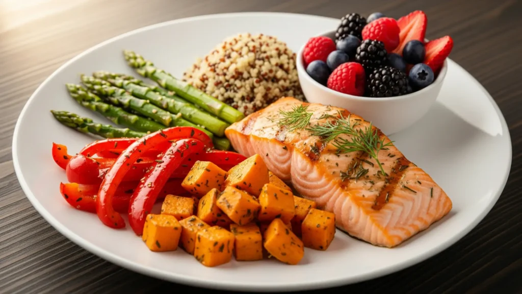 Plato balanceado para diabéticos con verduras frescas, proteínas magras, granos integrales y frutas bajas en azúcar, ideal para controlar el azúcar en sangre y mantener una alimentación saludable.