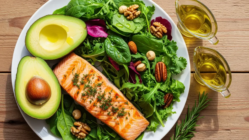 Plato saludable de dieta keto con salmón, aguacate, vegetales verdes y frutos secos, ideal para controlar el azúcar y mantener energía en la dieta cetogénica.