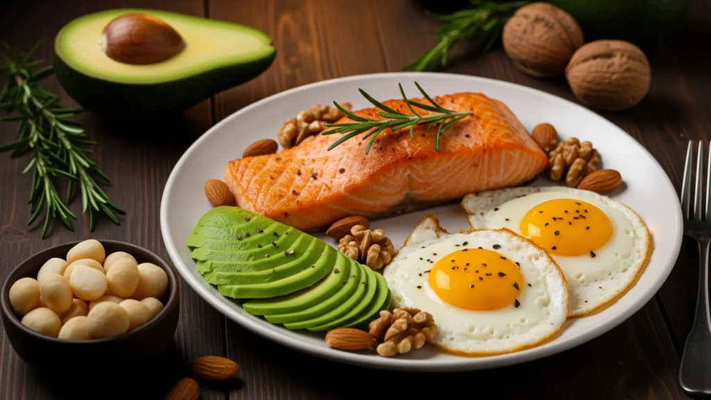 Foto realista de alimentos de la dieta keto con aguacate, huevos, salmón y frutos secos, transmitiendo salud, energía y claridad sobre la dieta cetogénica.