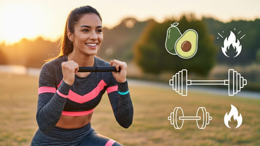 Mujer sonriente haciendo HIIT en un parque o gimnasio casero, con fondo desenfocado y luz de amanecer. Ropa deportiva moderna, expresión de energía. Íconos superpuestos de aguacate, pesas y llama para representar energía cetogénica.