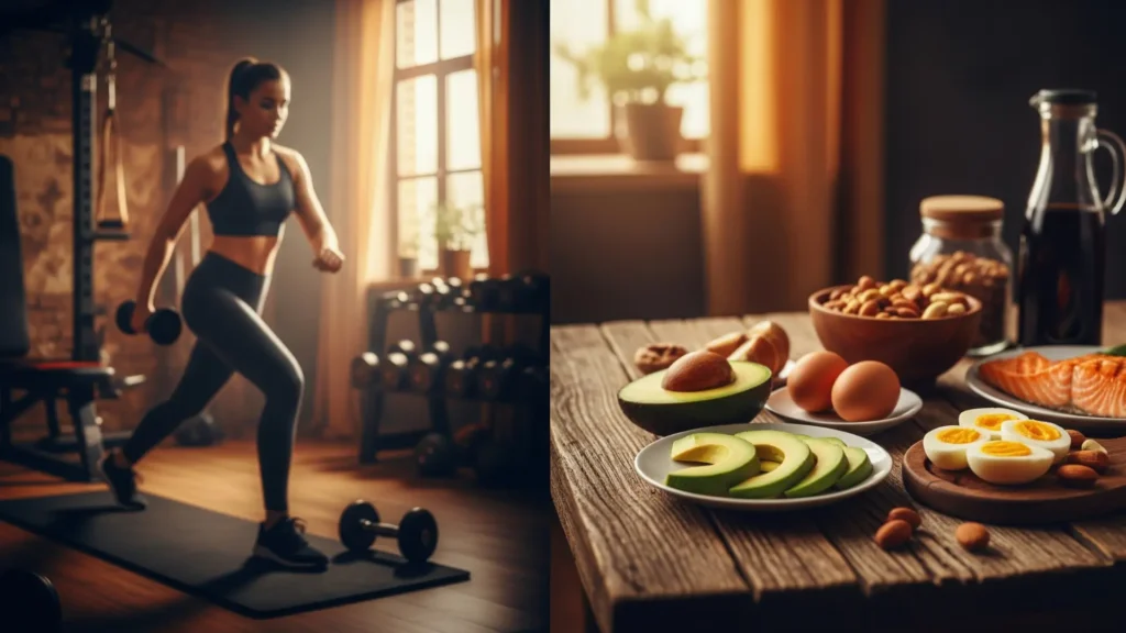 Persona entrenando mientras alimentos keto saludables como aguacate, huevos, nueces y salmón están cerca, mostrando la relación entre dieta keto y entrenamiento para maximizar resultados y mejorar rendimiento físico.