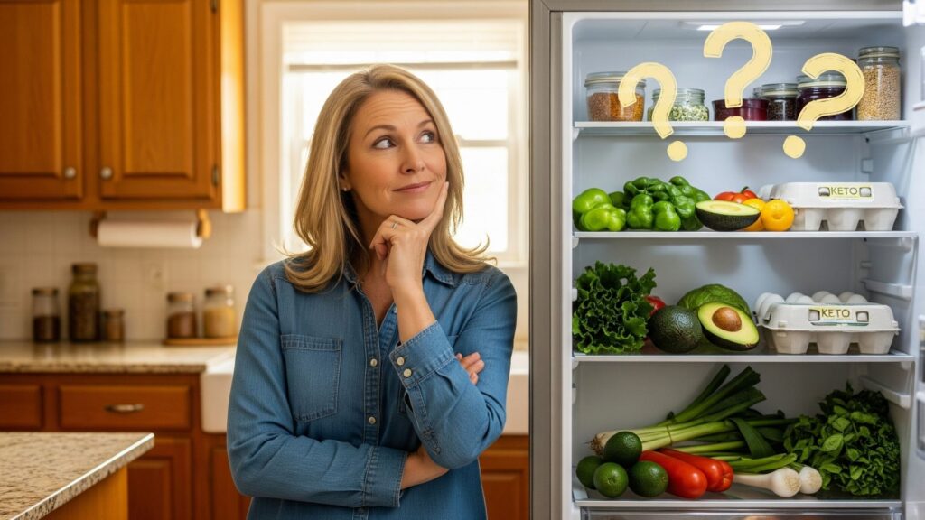 Persona frente al refrigerador abierto, con expresión de duda. Dentro, alimentos keto (verduras, aguacates, huevos) y arriba signos de interrogación. Estilo fotografía lifestyle, luz cálida, fondo de cocina real.