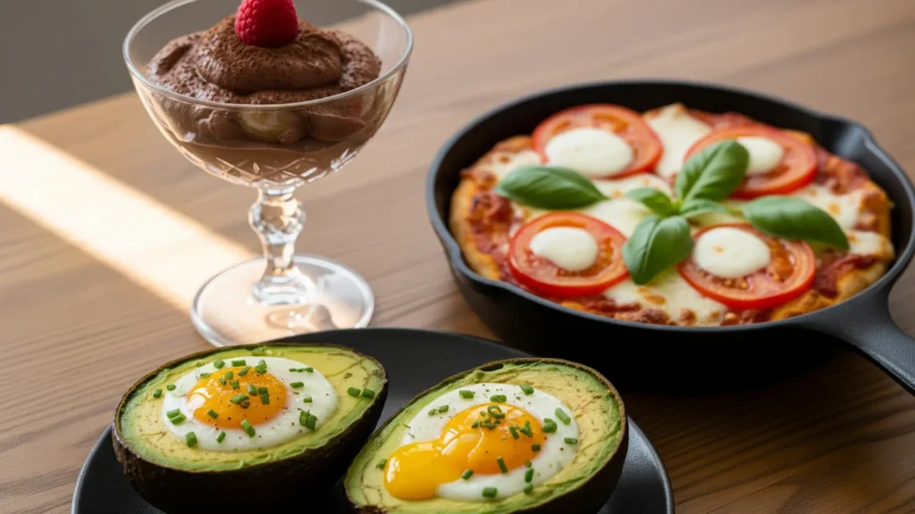 Imagen de tres recetas keto: huevos al aguacate al horno, pizza keto de sartén y mousse de chocolate keto, mostrando comidas bajas en carbohidratos, rápidas y deliciosas para empezar la dieta keto.