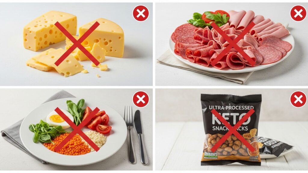 Cuatro viñetas en una sola imagen: exceso de queso, embutidos procesados, cero verduras, paquete de snack keto ultra procesado. Cruz roja sobre cada uno. 