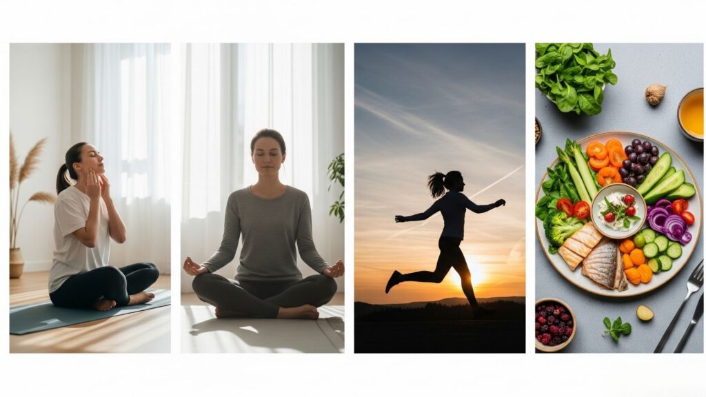 Collage visual moderno con cuatro bloques: 1) persona haciendo respiración profunda en casa, 2) meditación en naturaleza o interior, 3) mujer corriendo al atardecer, 4) plato saludable con verduras, pescado y frutas. Estilo realista, colores suaves y calmantes.