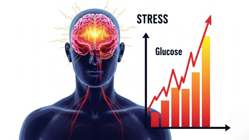 Ilustración o imagen conceptual de un cuerpo humano con marcadores que muestran el impacto del estrés: cerebro activad.