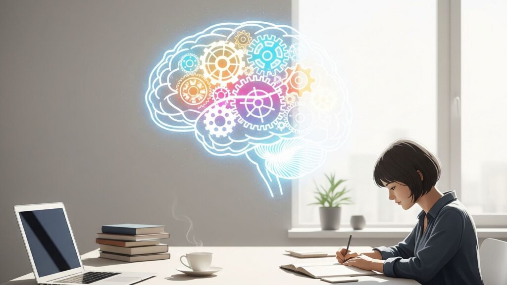 Imagen conceptual del cerebro iluminado con engranajes y cuerpos cetónicos como energía. Fondo limpio con libros, laptop y taza de té. Persona trabajando con foco y claridad mental. Estilo moderno y limpio, ideal para representar productividad y enfoque.