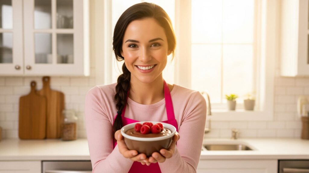 Persona joven sirviendo mousse de chocolate keto con una sonrisa. Fondo de cocina iluminada, sensación de logro y sencillez. Estilo motivacional y cálido.