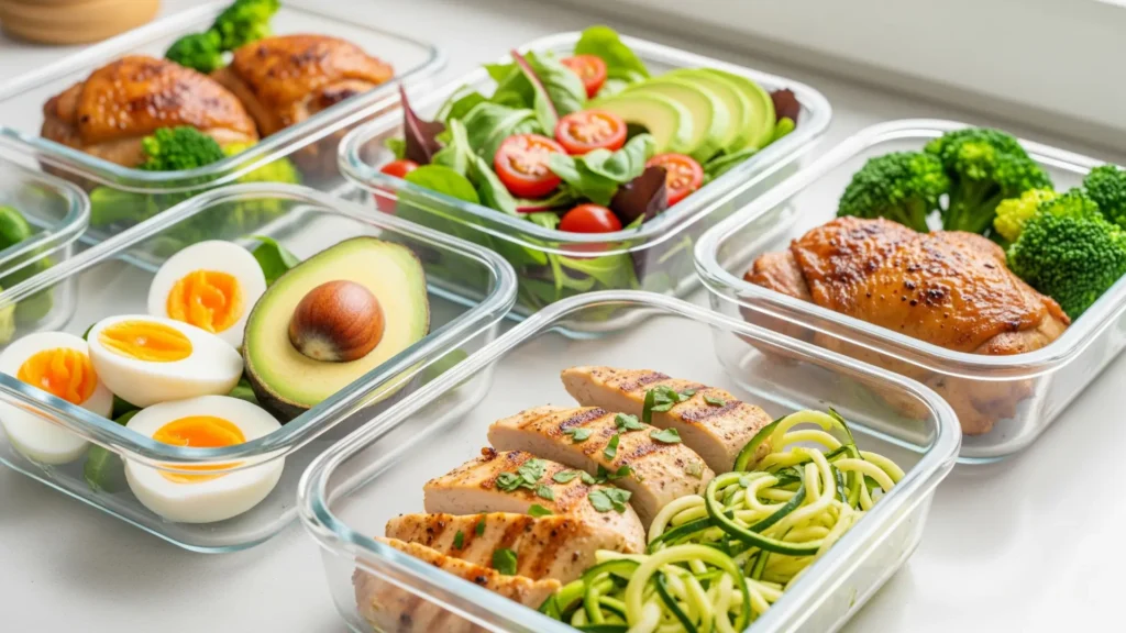 Imagen de planificación semanal de comidas keto con huevos, aguacate, pollo, calabacín y verduras, mostrando organización y recetas saludables para la dieta keto.