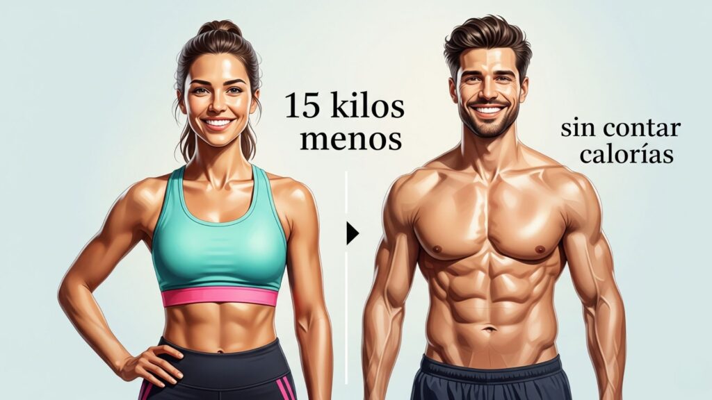 Imagen antes y después de una transformación física realista en estilo ilustración motivacional. Mujer y hombre sonrientes con diferencia de peso visible. Fondo claro, con frases tipo “15 kilos menos” y “sin contar calorías”. Estilo positivo y aspiracional.