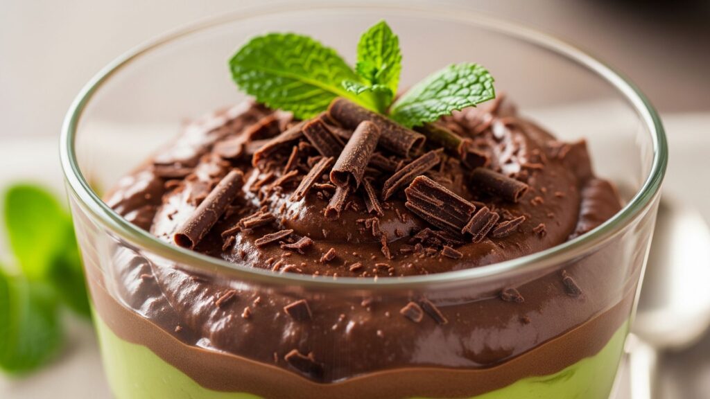 Mousse de aguacate con chocolate servida en una copa de cristal, decorada con virutas de chocolate oscuro y hojas de menta. Postre saludable con presentación elegante, sin texto.