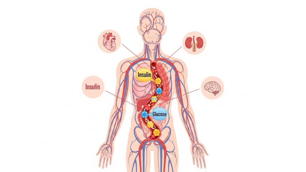 Ilustración vectorial de un cuerpo humano con insulina y glucosa marcadas en la sangre. Estilo educativo, colores suaves, fondo blanco. Íconos pequeños de corazón, riñón y cerebro para indicar órganos afectados.