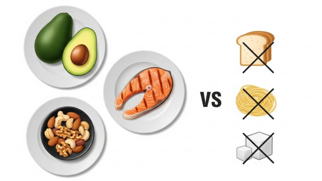 Gráfico explicativo simple: platos con grasa saludable (aguacate, salmón, nueces) y al lado símbolos tachados de pan, pasta y azúcar.