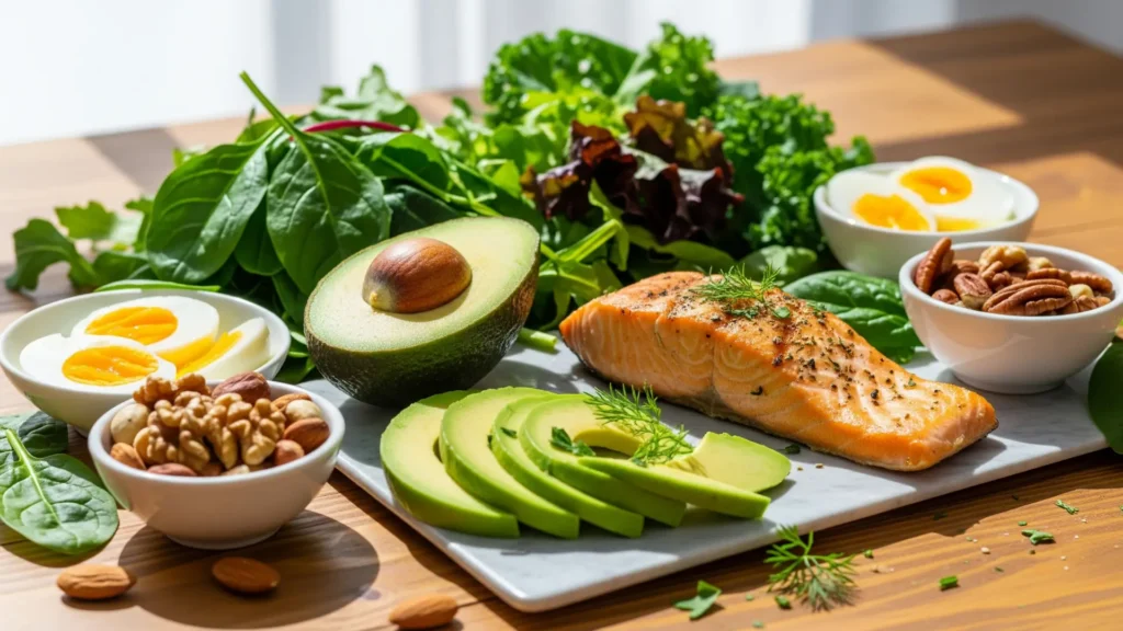 Imagen de recetas keto saludables con aguacate, salmón, verduras, nueces y huevos, mostrando beneficios para la salud, pérdida de peso y aumento de energía.