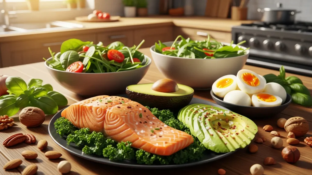 Imagen de recetas keto reales con aguacate, huevos, salmón, verduras y frutos secos, mostrando alimentación baja en carbohidratos para perder peso y aumentar energía.