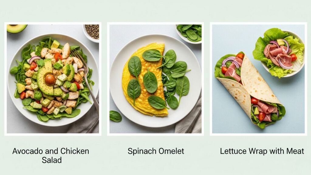Collage visual o flat lay de tres recetas keto fáciles: ensalada de aguacate y pollo, omelet de espinacas y wrap de lechuga con carne. Disposición atractiva sobre fondo claro con nombres debajo de cada plato. Estilo limpio y apetecible, ideal para principiantes.