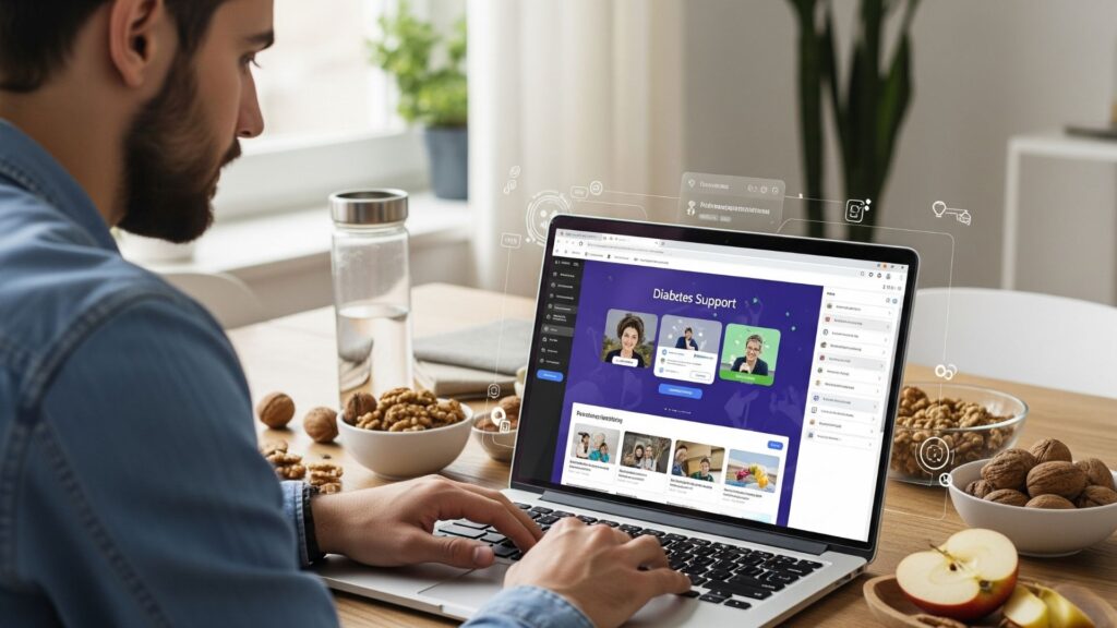 Persona usando una laptop en una mesa con snacks saludables como manzana, nueces y agua, mientras navega en un sitio de apoyo para la diabetes. Escenario interior tranquilo, tecnología y recursos digitales visibles para el manejo de la diabetes.