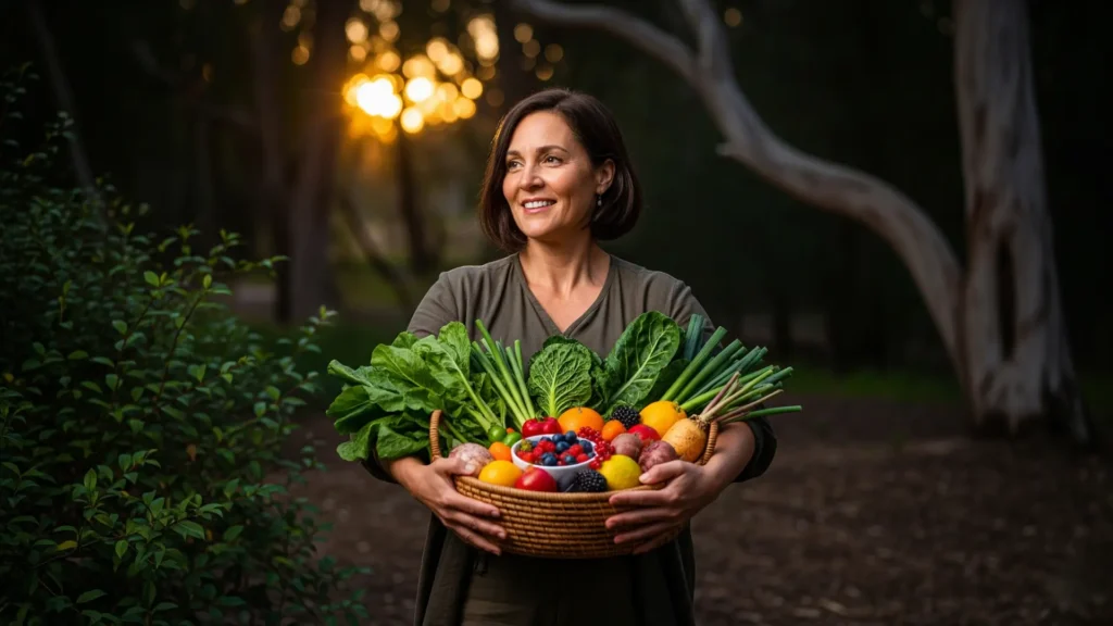 Mujer con canasta de frutas y verduras frescas al atardecer, rodeada de tonos oscuros naturales que transmiten éxito y motivación en el control de la diabetes con una dieta saludable.