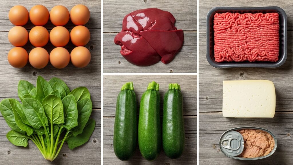 Collage de alimentos económicos keto: huevos, hígado, carne molida, espinaca, calabacín, queso fresco, latas de atún. Estilo ordenado y limpio, fondo rústico o tabla de cocina.