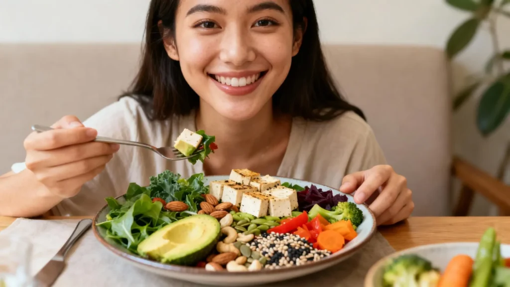 Mujer disfrutando un plato de recetas keto sin carne, con aguacate, tofu, verduras bajas en carbohidratos, frutos secos y semillas, transmitiendo salud y energía.