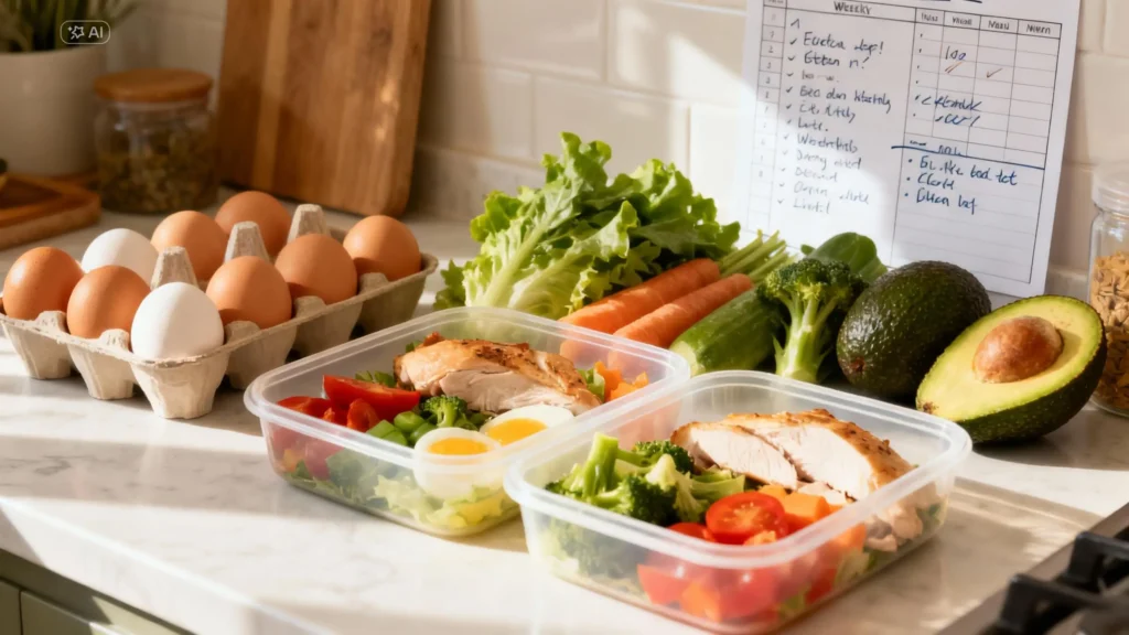 Preparación de comidas keto económicas en la cocina, con huevos, pollo, verduras y aguacate organizados en recipientes, lista de compras y menú semanal al fondo. Ideal para ahorrar y comer keto.