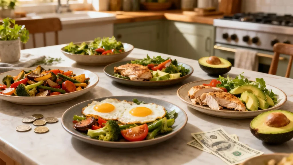 Mesa de cocina con platos keto caseros, incluyendo huevos, verduras, pollo y aguacate, con monedas y billetes para representar ahorro. Imagen que muestra dieta keto económica y sabrosa.