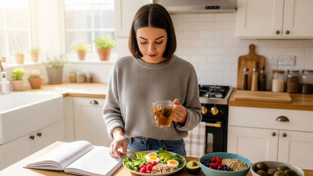 Mujer reflexionando sobre dejar la dieta keto, alimentos saludables y transición equilibrada