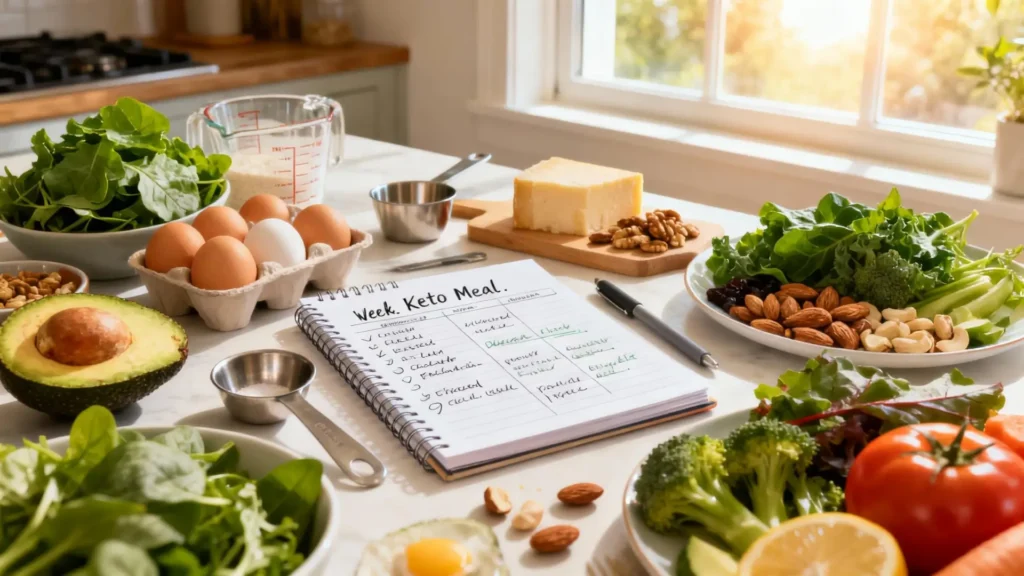 Planificación de dieta keto para principiantes con alimentos keto saludables: huevos, aguacate, verduras, queso y nueces sobre mesa de cocina. Inspiración para empezar keto y no fallar en la alimentación baja en carbohidratos.